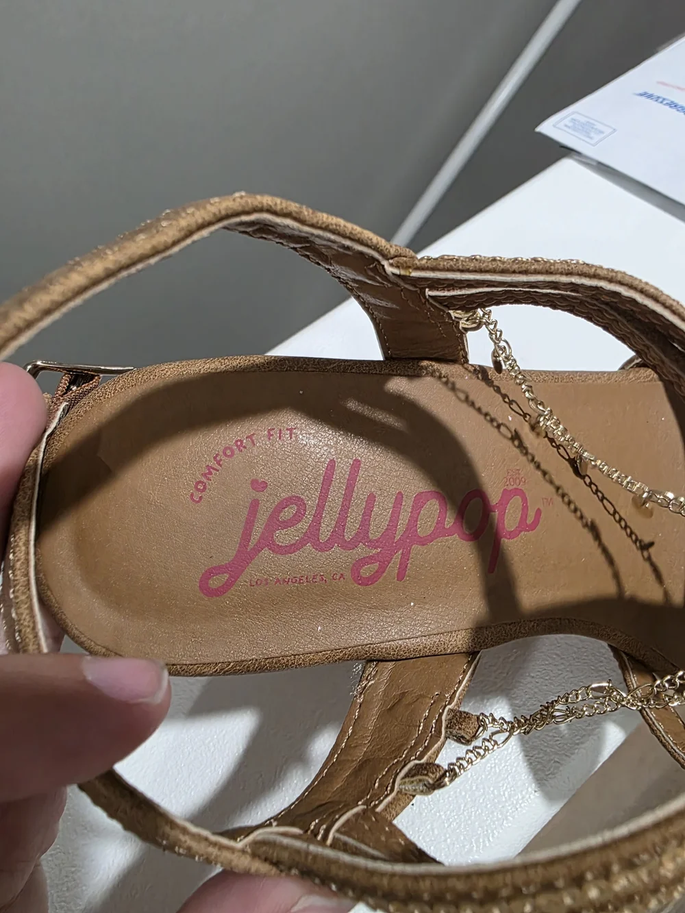 Jellypop Brown Wedge Sandals with Chain & Gem Accents
